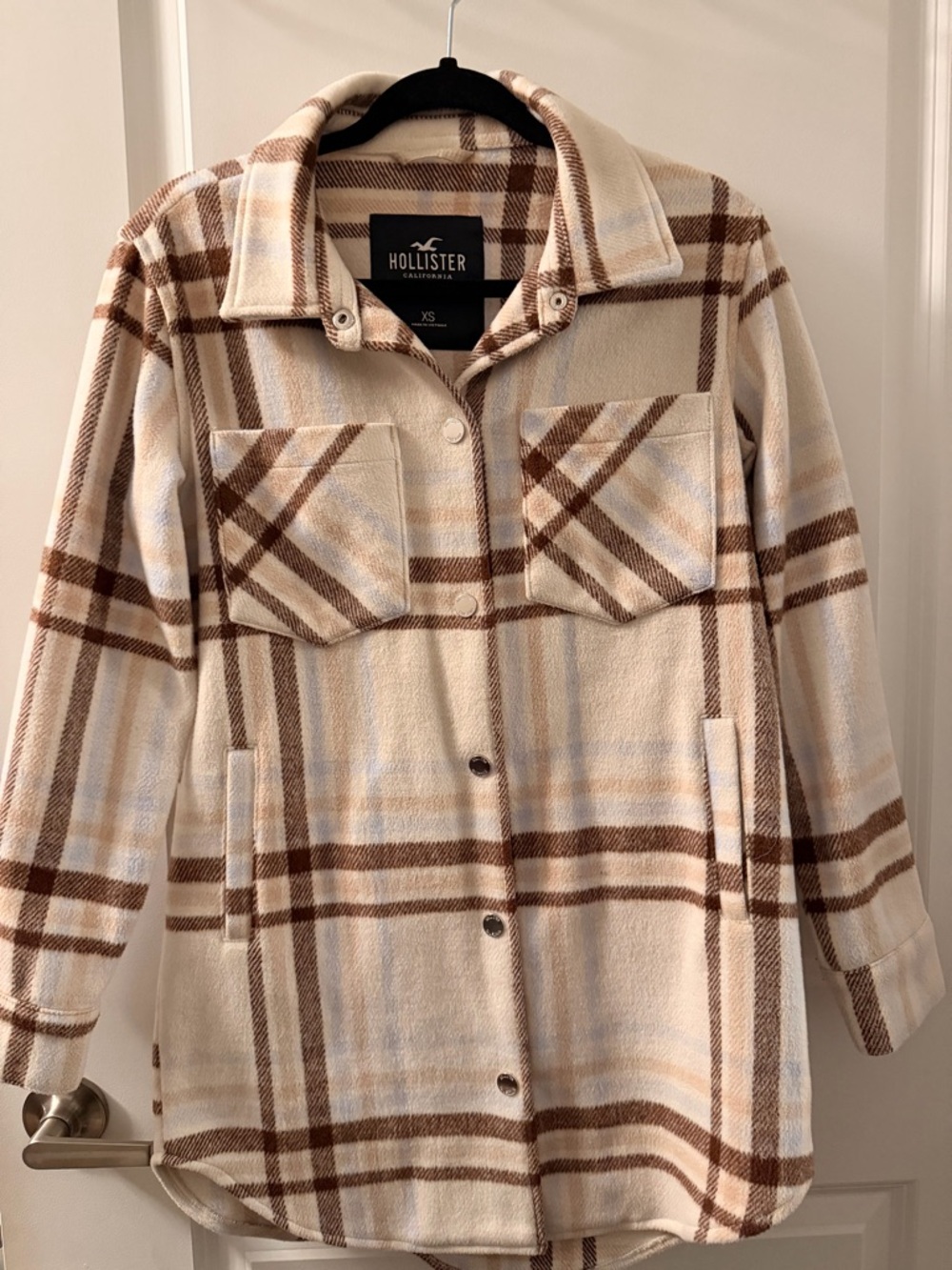 Hollister Cream and Brown Plaid Shacket